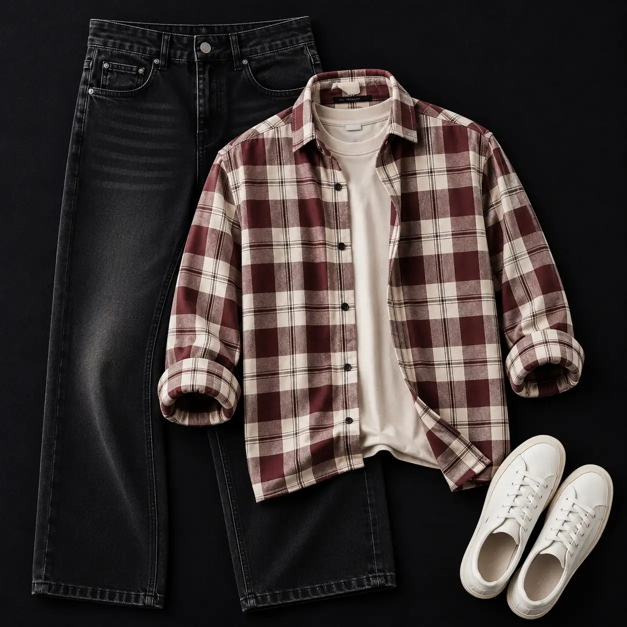 Trendy Green and Beige Plaid Flannel with Washed Black Jeans Combo