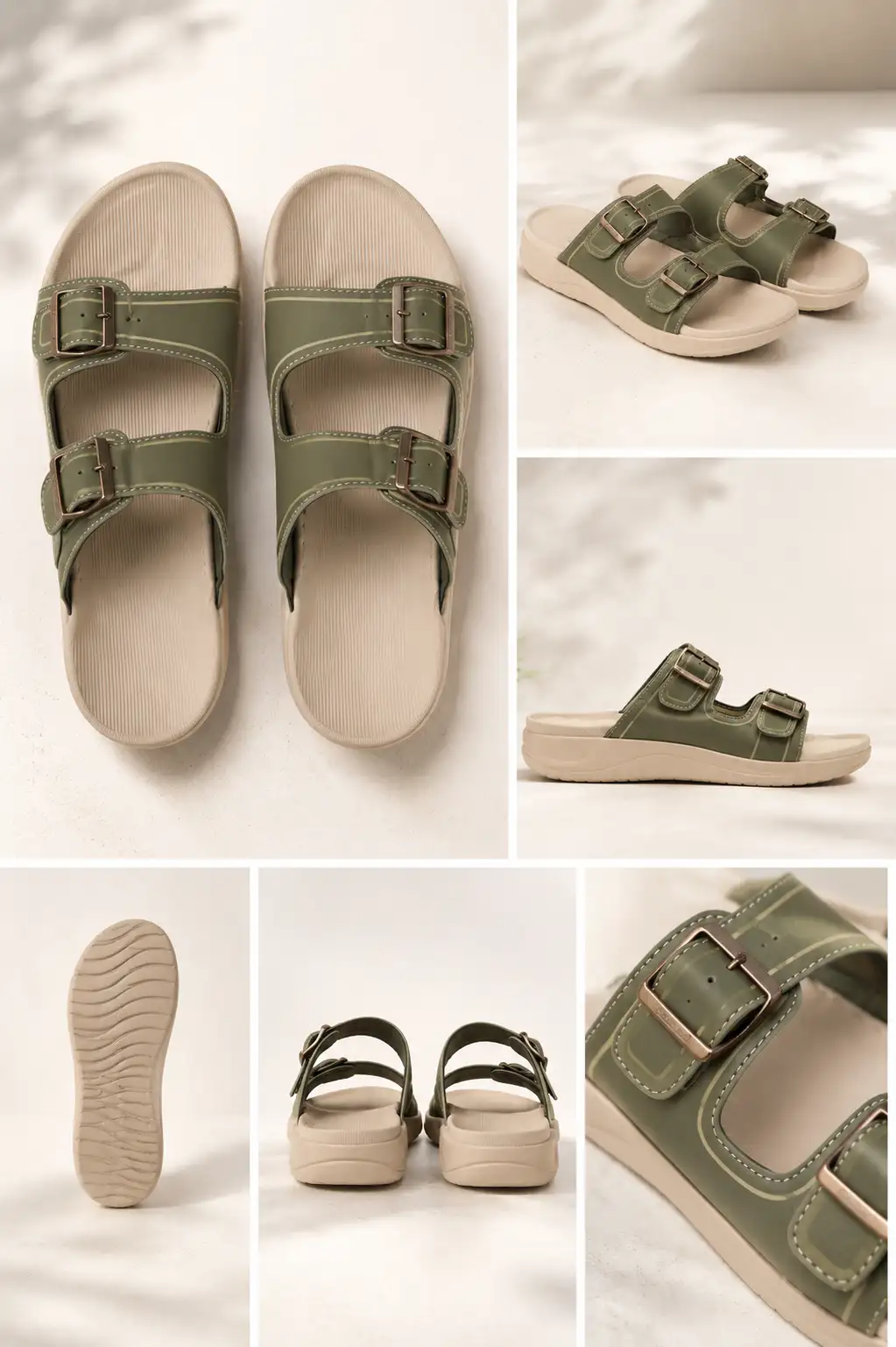 Olive Green Double Buckle Comfort Slides