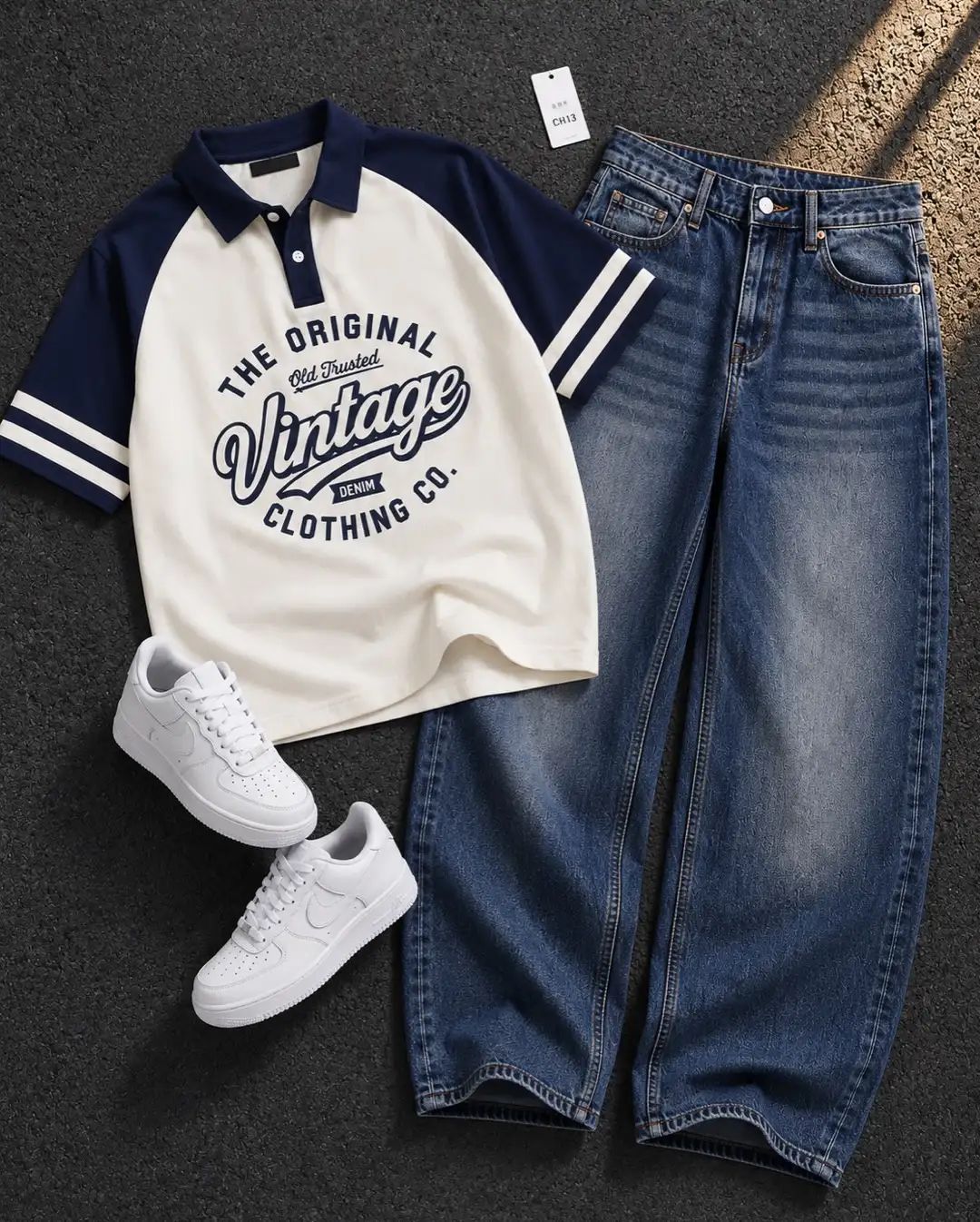 Men’s Vintage Graphic Polo T-Shirt with Blue Baggy Jeans Combo | Casual Streetwear Outfit for Men