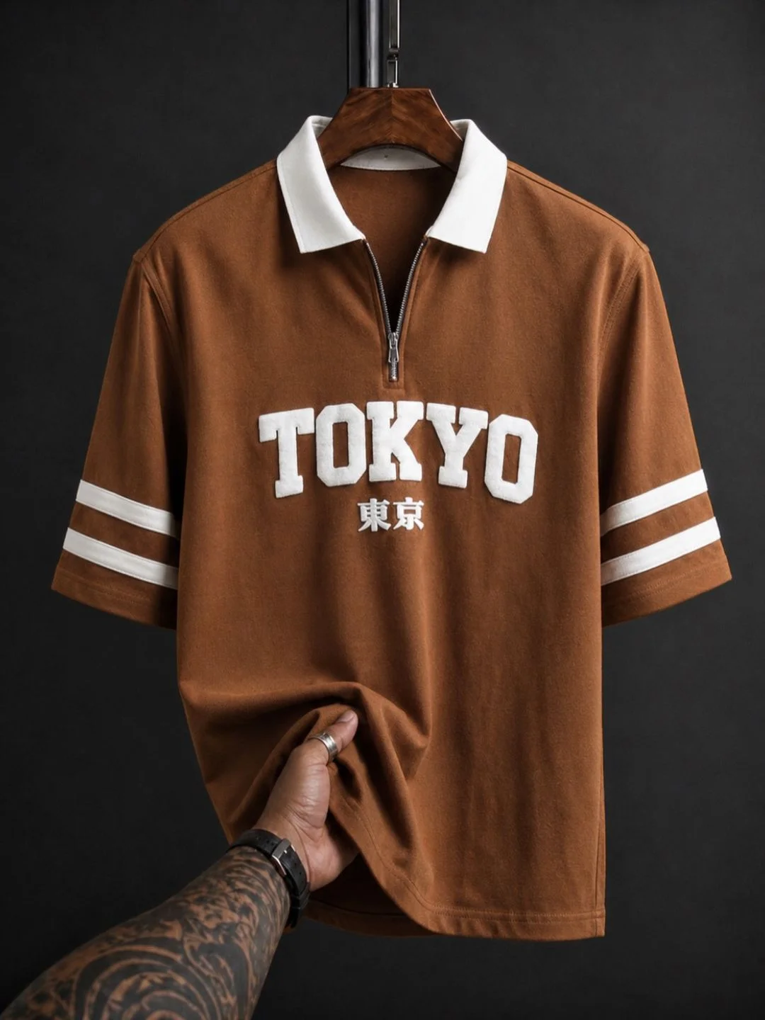 Men's Brown Tokyo Print Half-Zip Polo Shirt