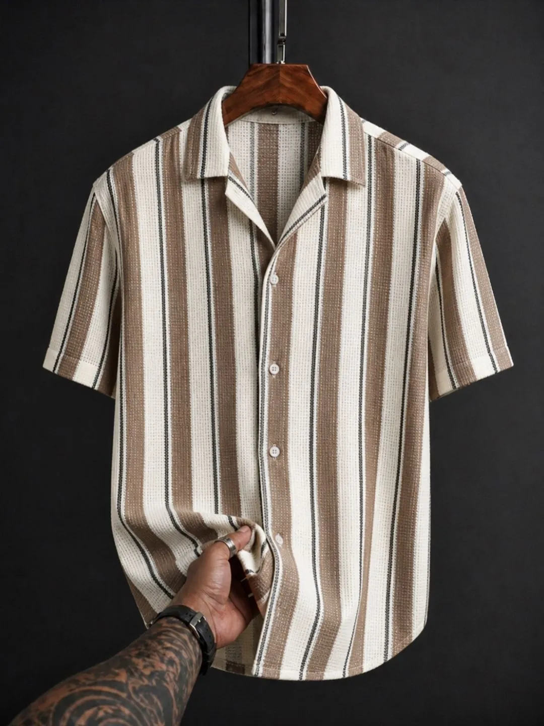 Men's Brown and White Striped Cuban Collar Short-Sleeve Shirt