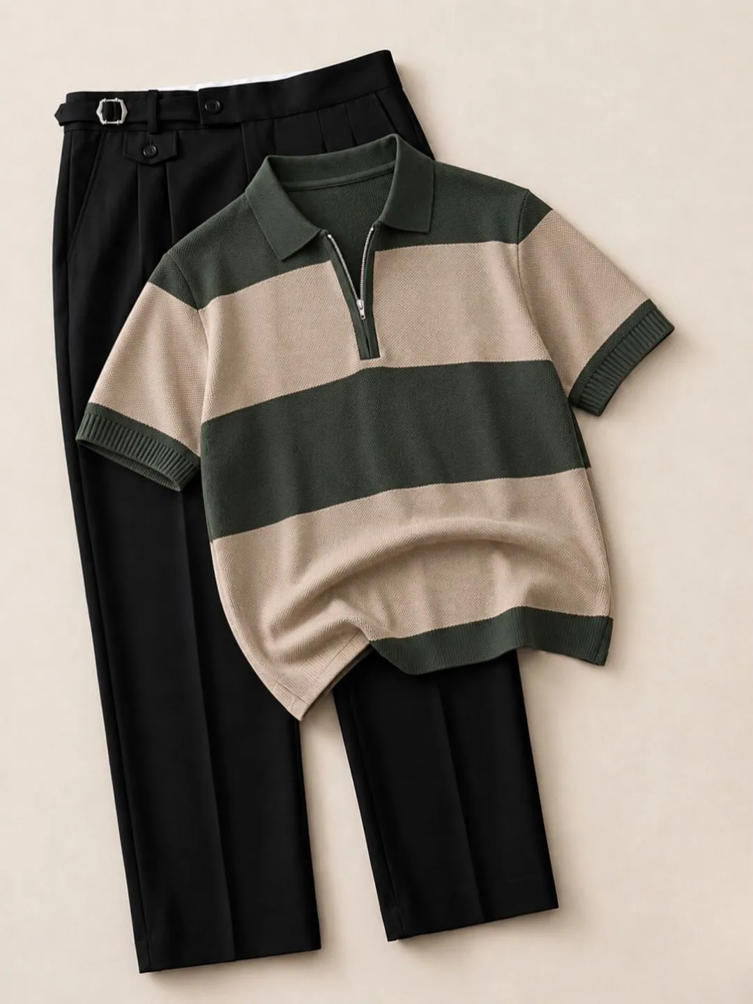 Men's Colorblock Zip-Polo and Black Trousers Outfit Set