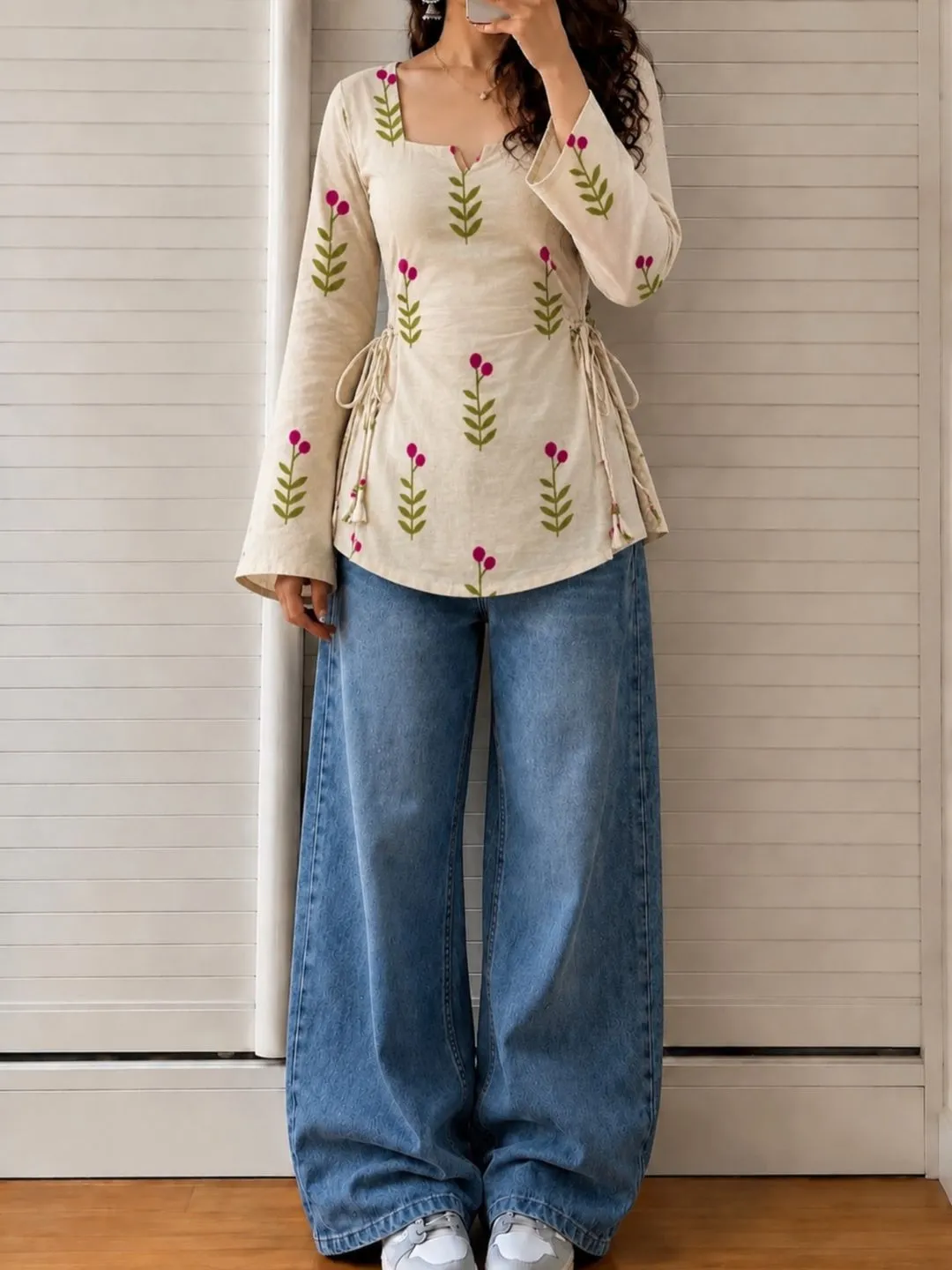 Women's Floral Embroidered Peplum Top and Denim Outfit