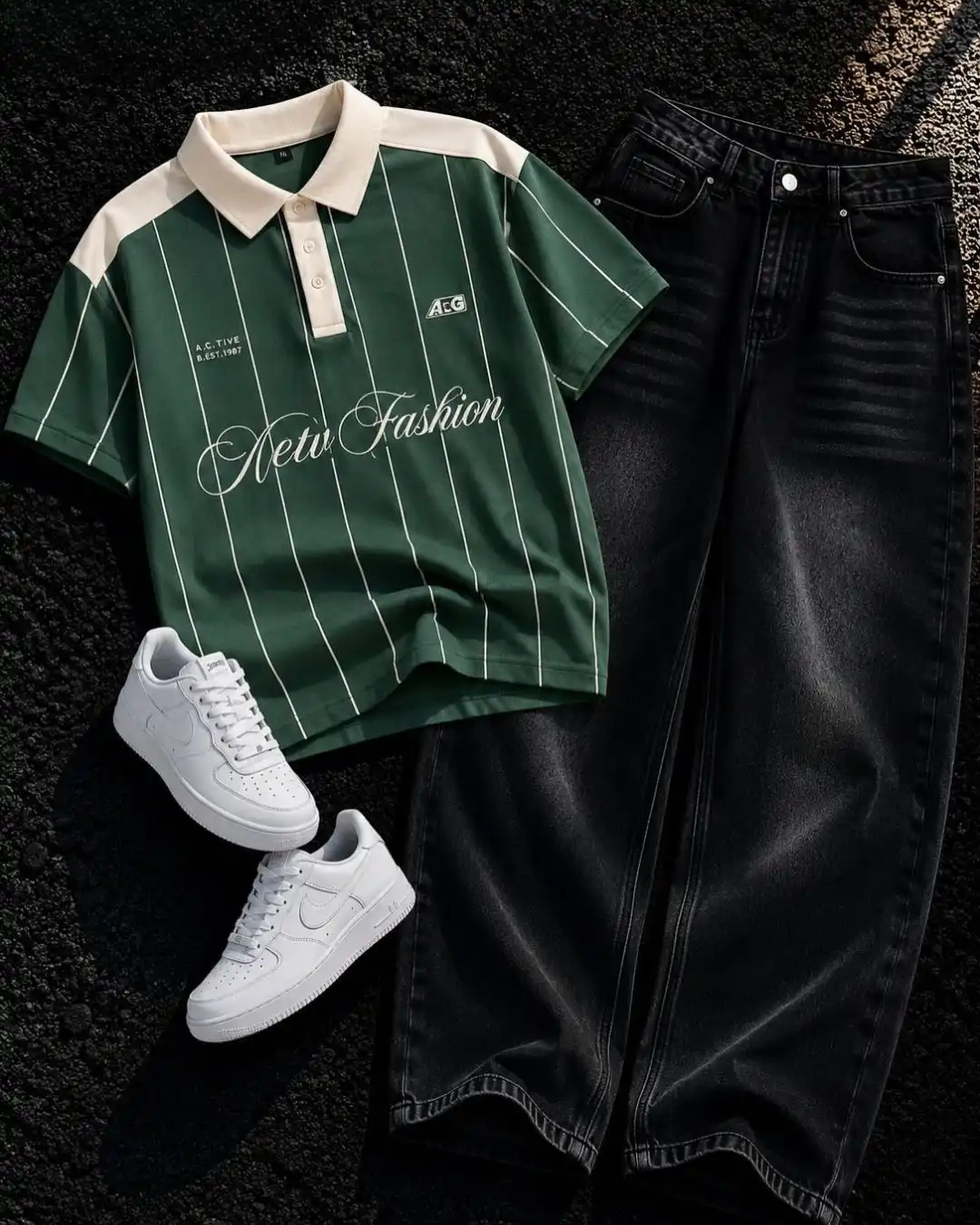 Vintage Streetwear Graphic Pinstripe Polo & Black Denim