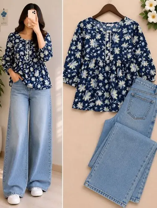 Women's Blue Floral Peplum Top & Wide Leg Jeans Set