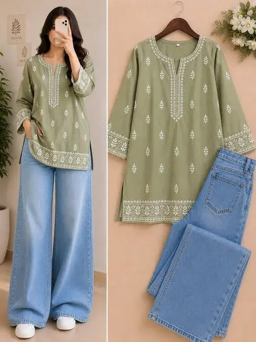 Women's Olive Green Printed Kurti & Wide Leg Jeans Set