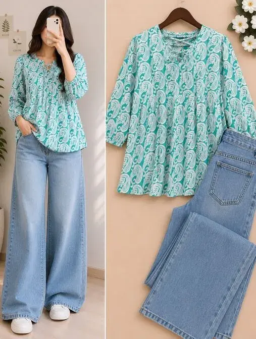 Women's Aqua Paisley Print Peplum Top with Wide Leg Denim Jeans Combo