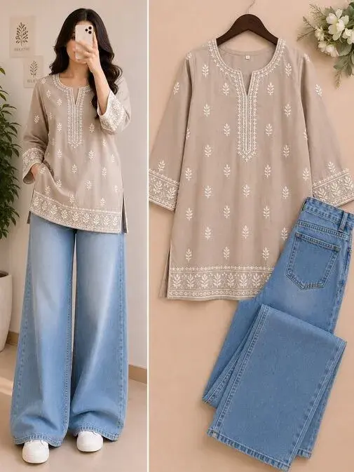 Women's Traditional Printed Kurti with Baggy Denim Jeans
