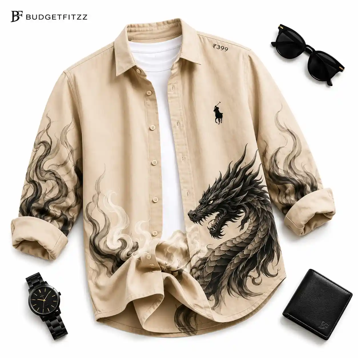 Striking Beige Dragon Print Overshirt and White Tee Combo