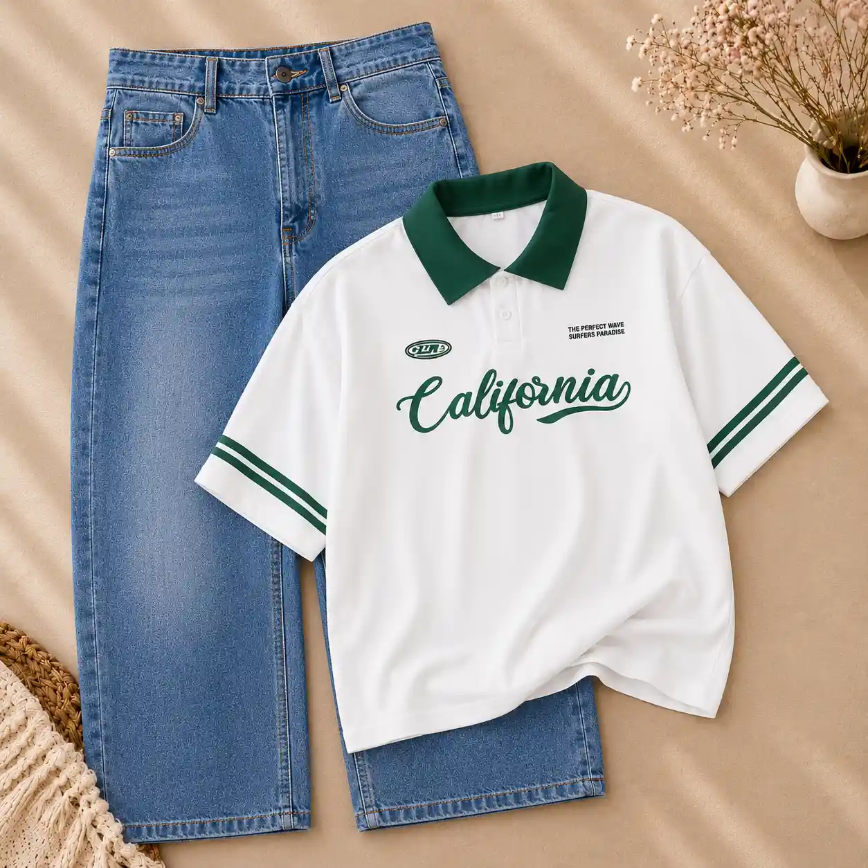 Superman Color-Block Polo and White Jeans Set