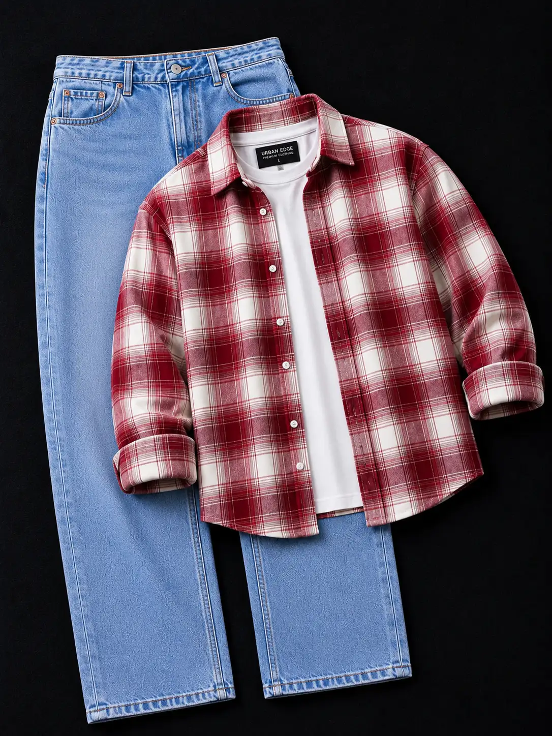 Men’s Red Checked Shirt with Light Blue Wide-Leg Jeans Combo