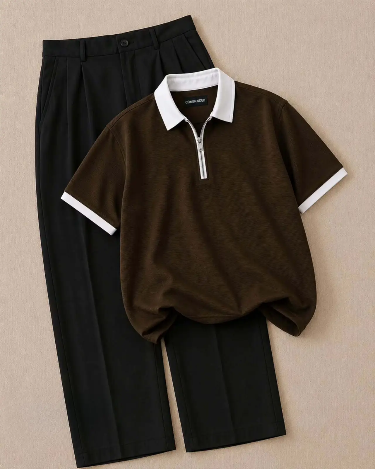 Smart Casual Dark Brown Quarter-Zip Polo & Black Trousers Combo