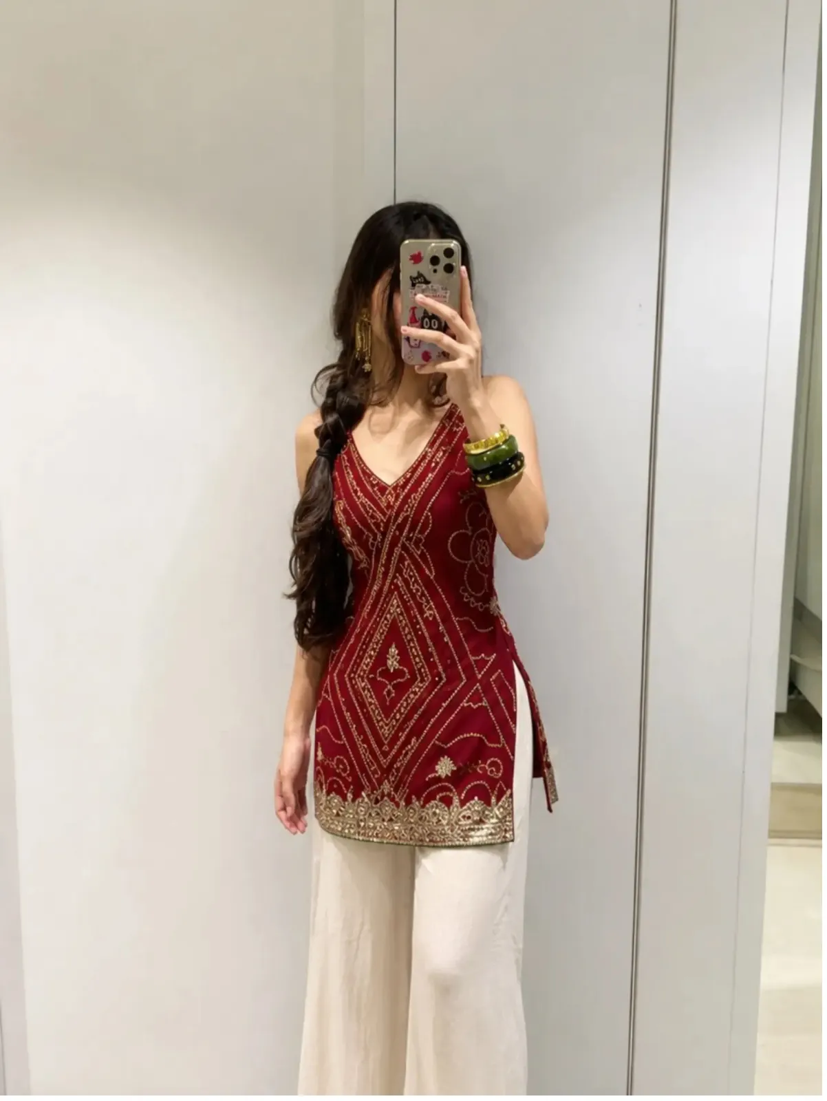 Elegant Crimson Embroidered Kurti & Off-White Sharara Set