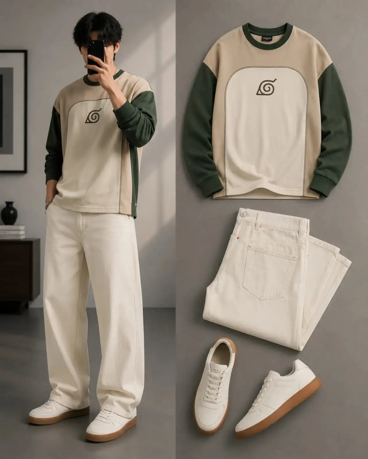 Anime-Inspired Color-Block Sweatshirt & Cream Wide-Leg Jeans Set