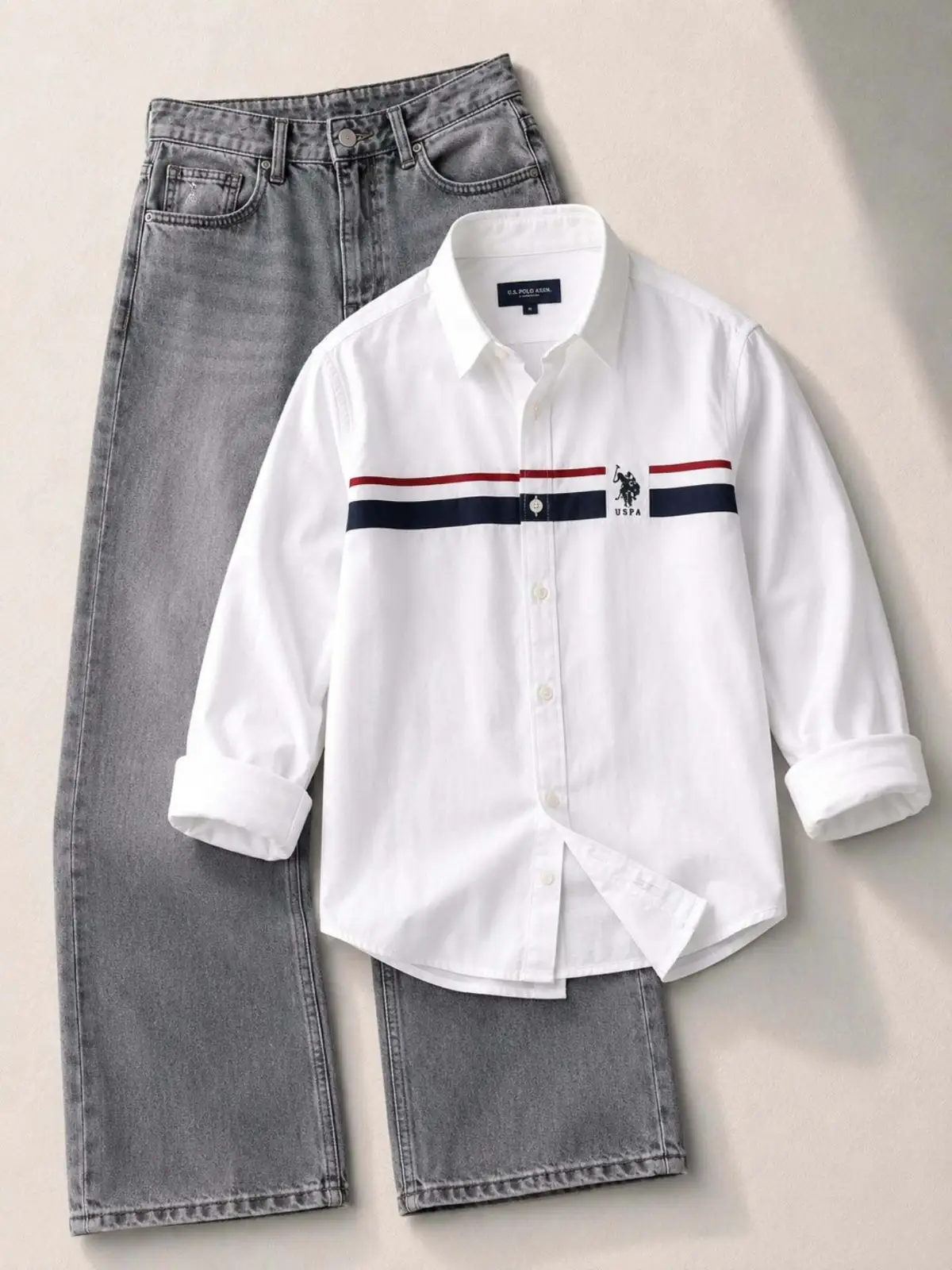 Smart Casual White Striped Shirt & Grey Denim Ensemble