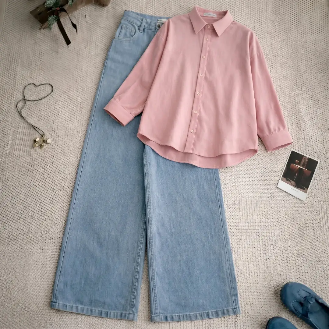 Minimalist Pastel Pink Shirt & Wide-Leg Denim Set