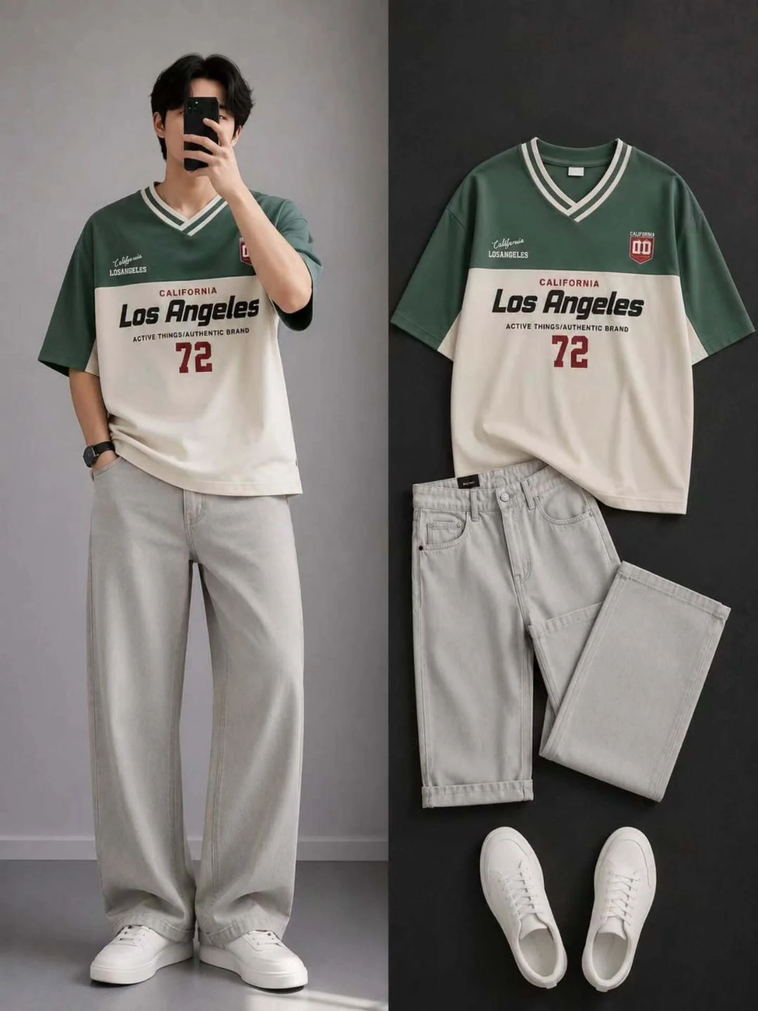 Men's Green and Cream Colorblock  V-Neck T-Shirt with Grey Jeans