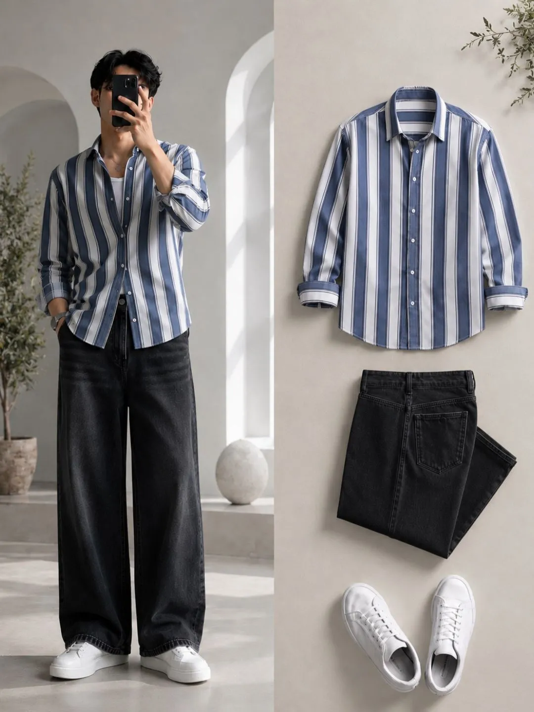 Men's Blue and White Vertical-Striped Full-Sleeve Shirt with Black Jeans