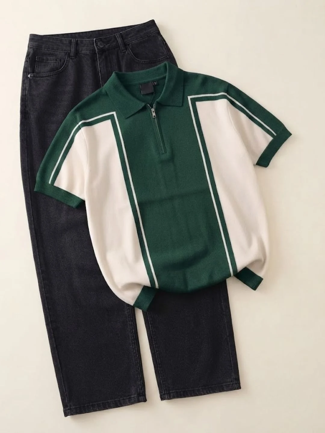 Men's Green/White Contrast Panel Half-Zip  Polo Shirt with Black Jeans Set