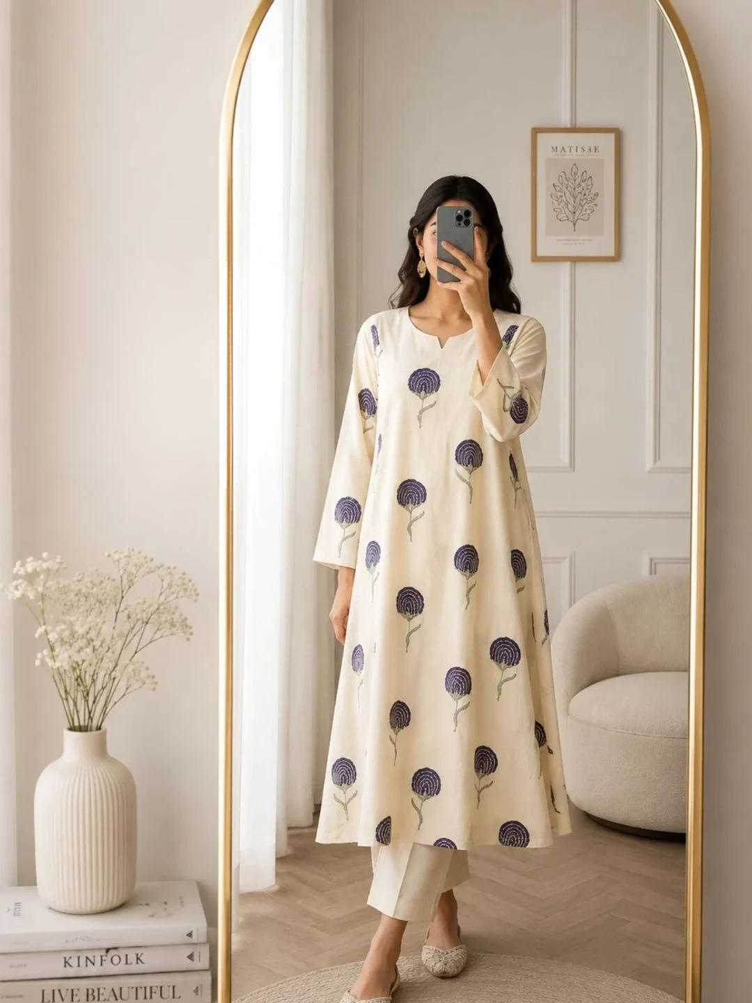 Women's Ivory & Purple Block-Print Long Kurta with Matching Trousers Co-Ord Set