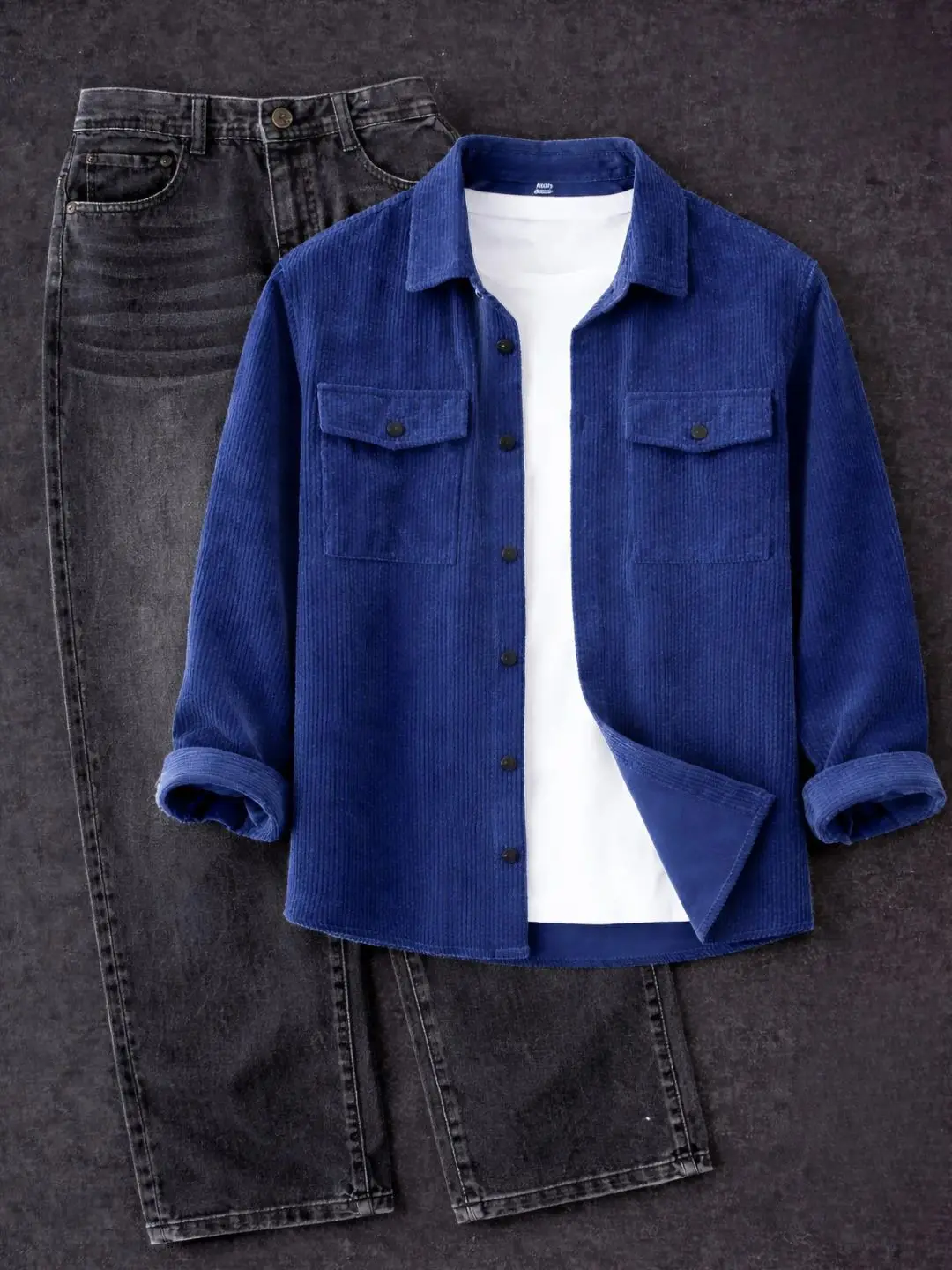 Men's Royal Blue Corduroy Long-Sleeve Overshirt with White Tee