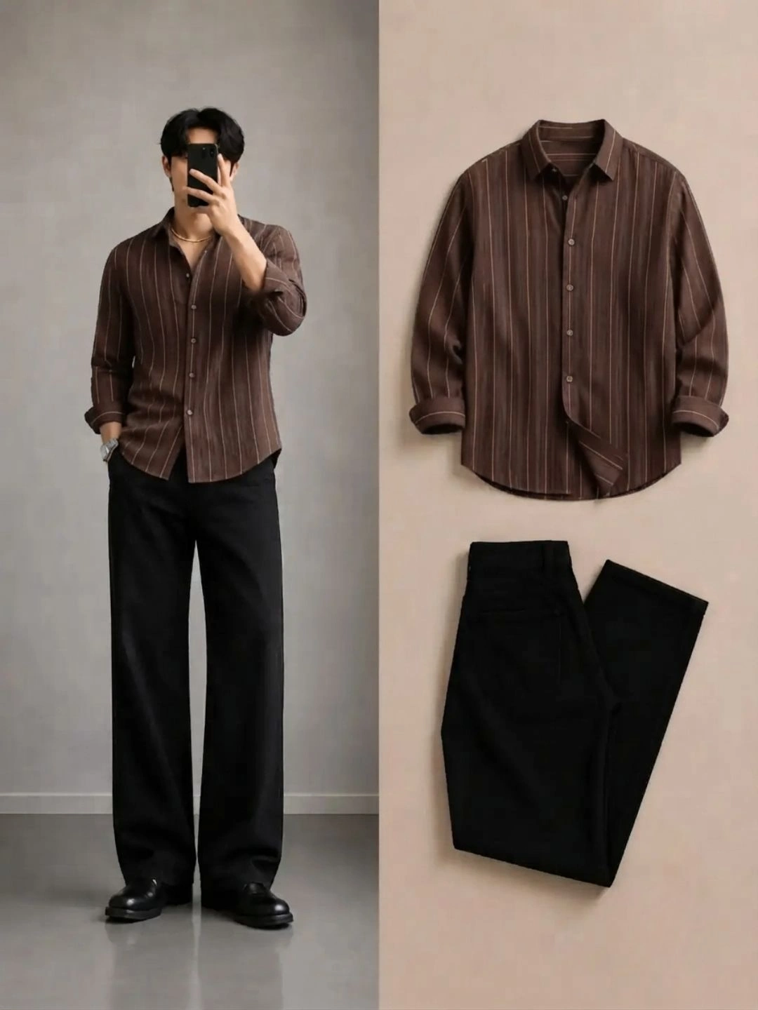Men's Brown Striped Full-Sleeve Shirt with Black Trousers Outfit Set