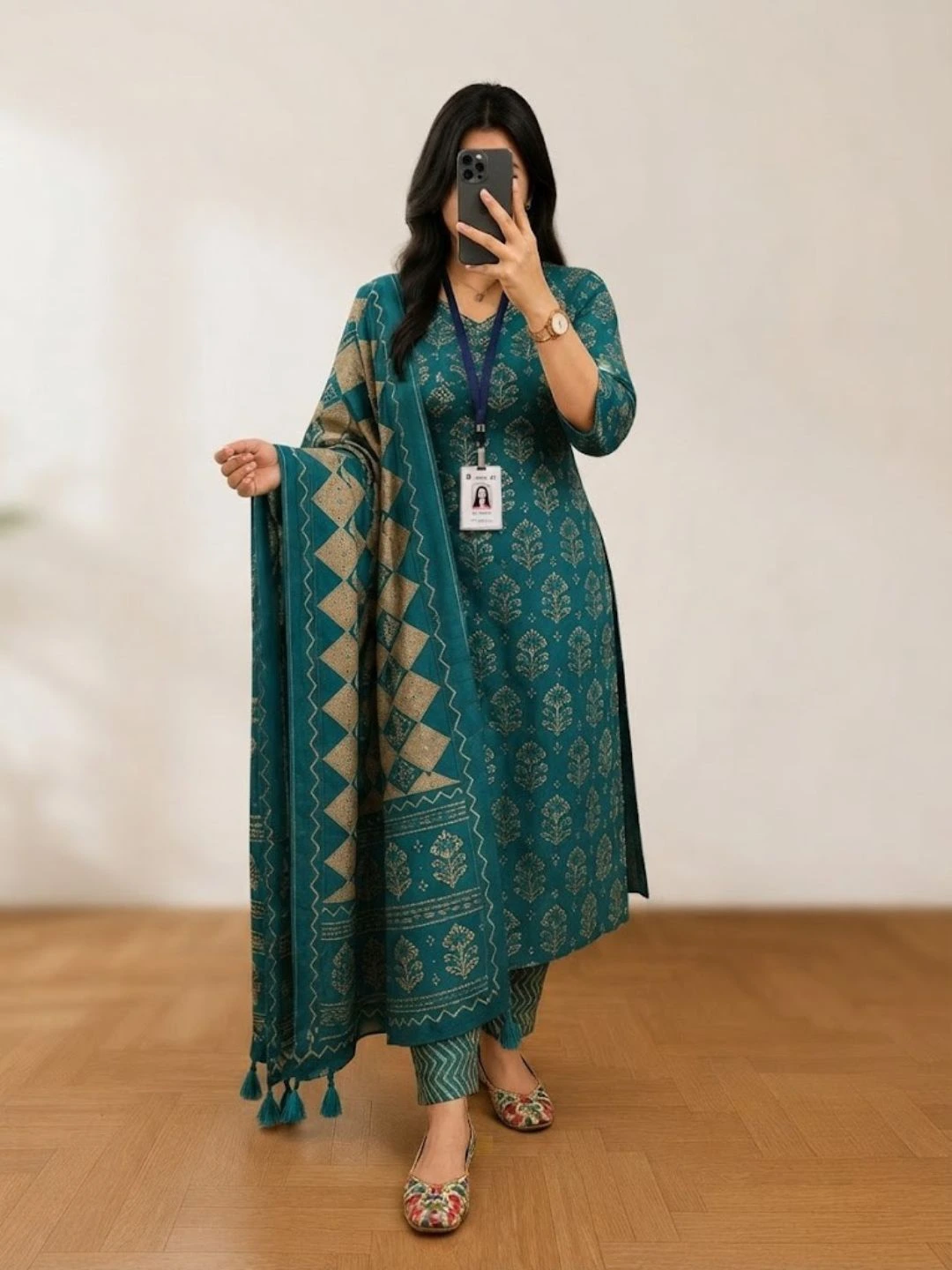 Women's Teal Blue Gold-Printed Straight Kurta