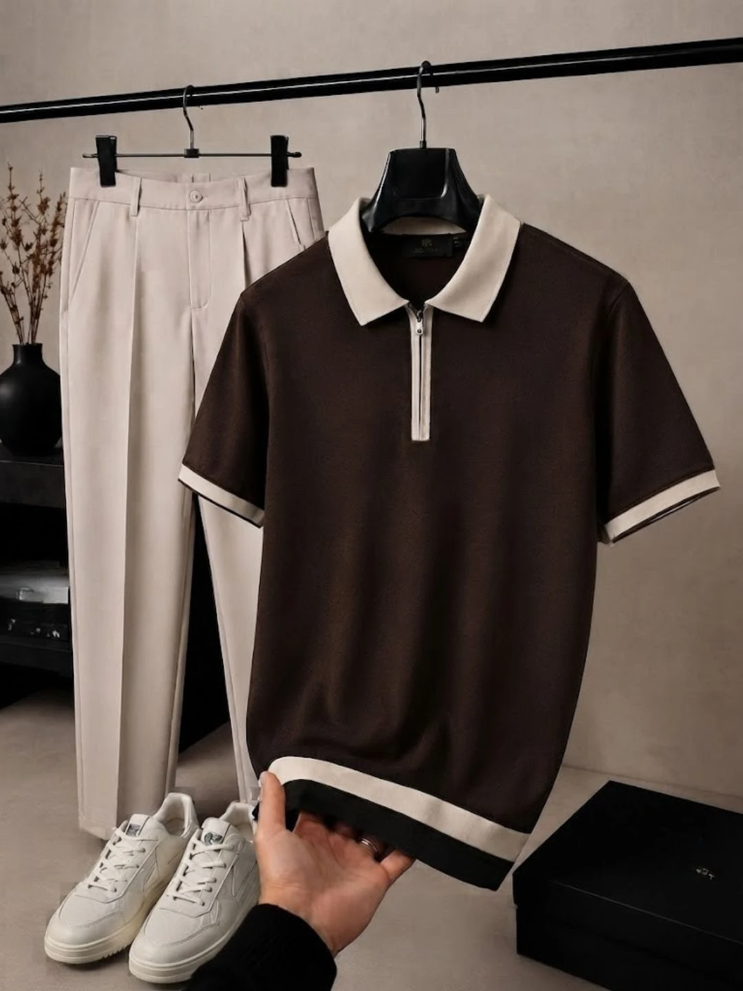 Men's Brown Half-Zip Knit Polo Shirt with Beige Trousers Outfit Set