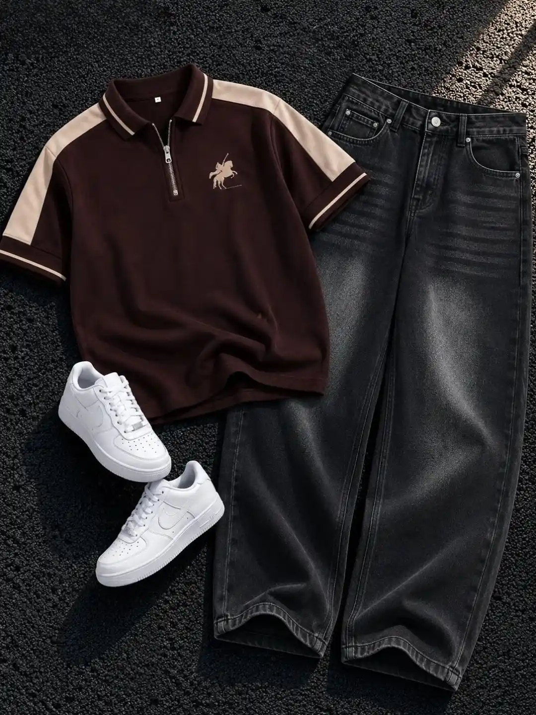 Men's Brown Zip-Collar Polo Shirt with Black Acid-Wash Jeans