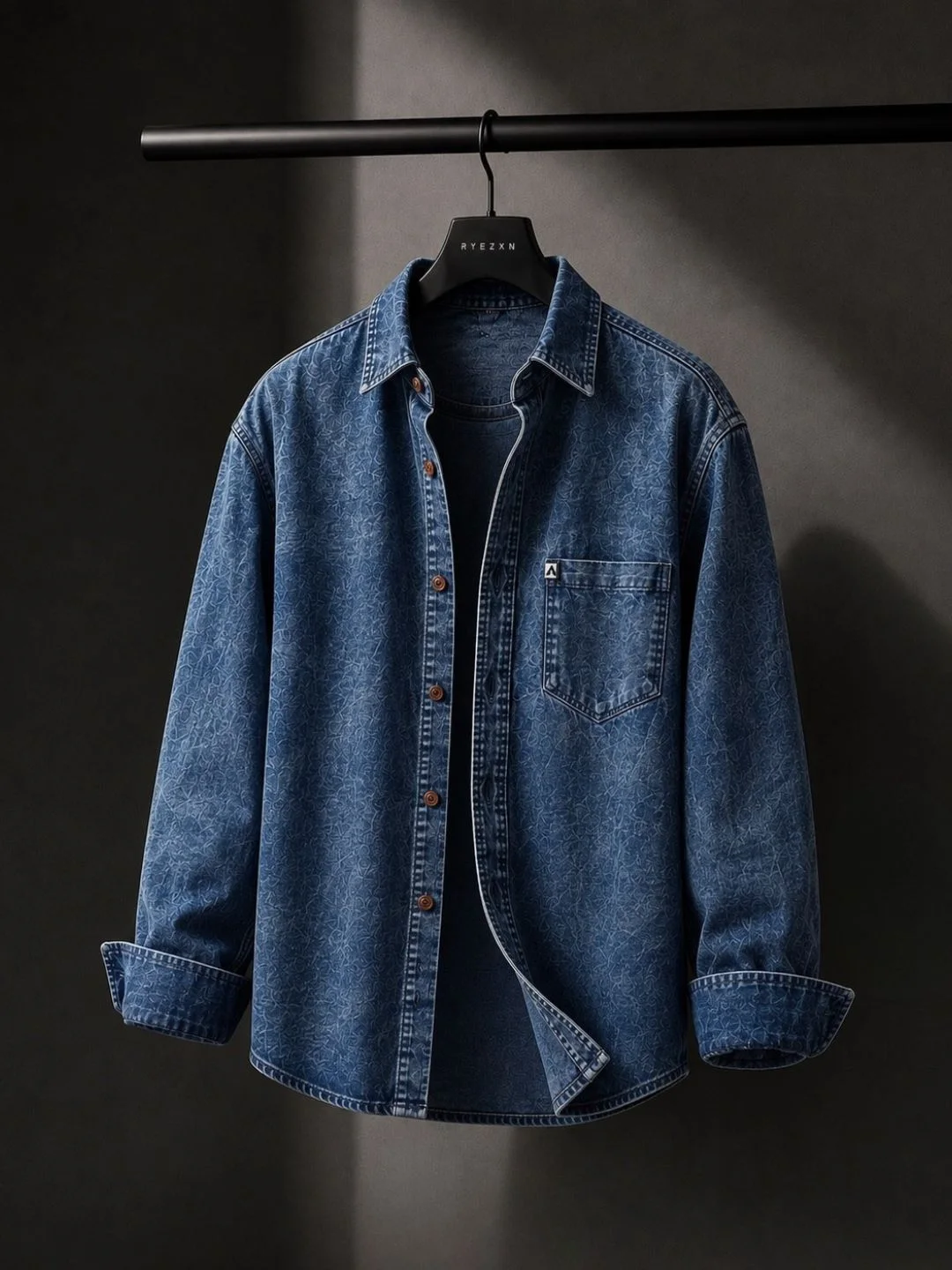 Men's Long-Sleeve Denim Button-Down Shirt with Chest Pocket