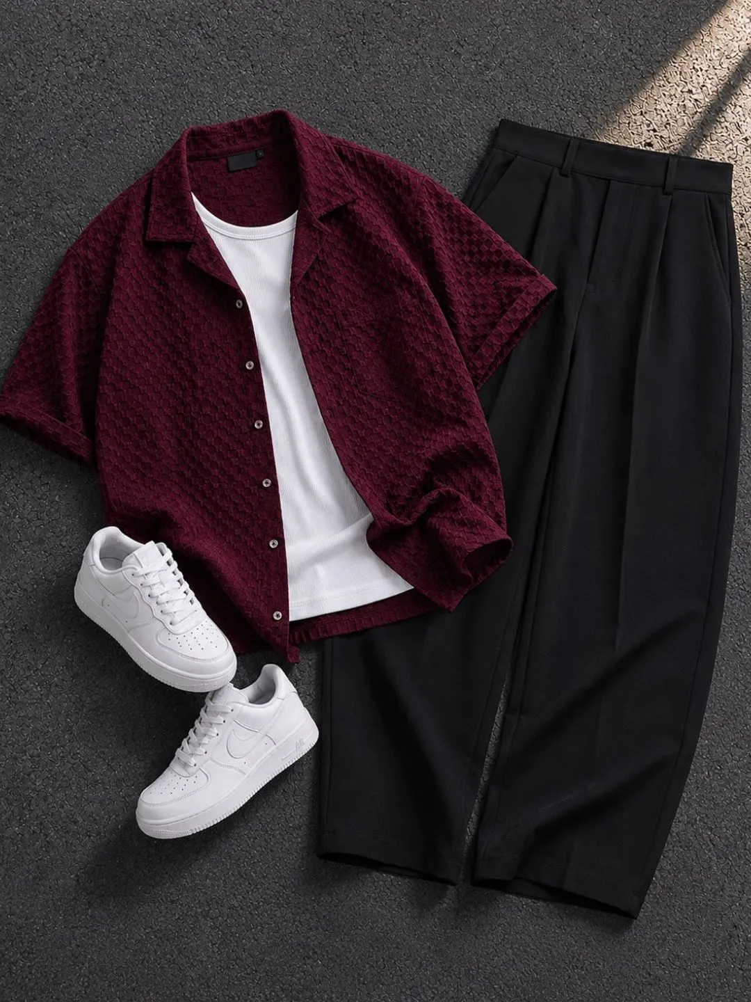 Men's Short-Sleeve Over-Shirt, Inner Layer Tee and Trousers Set