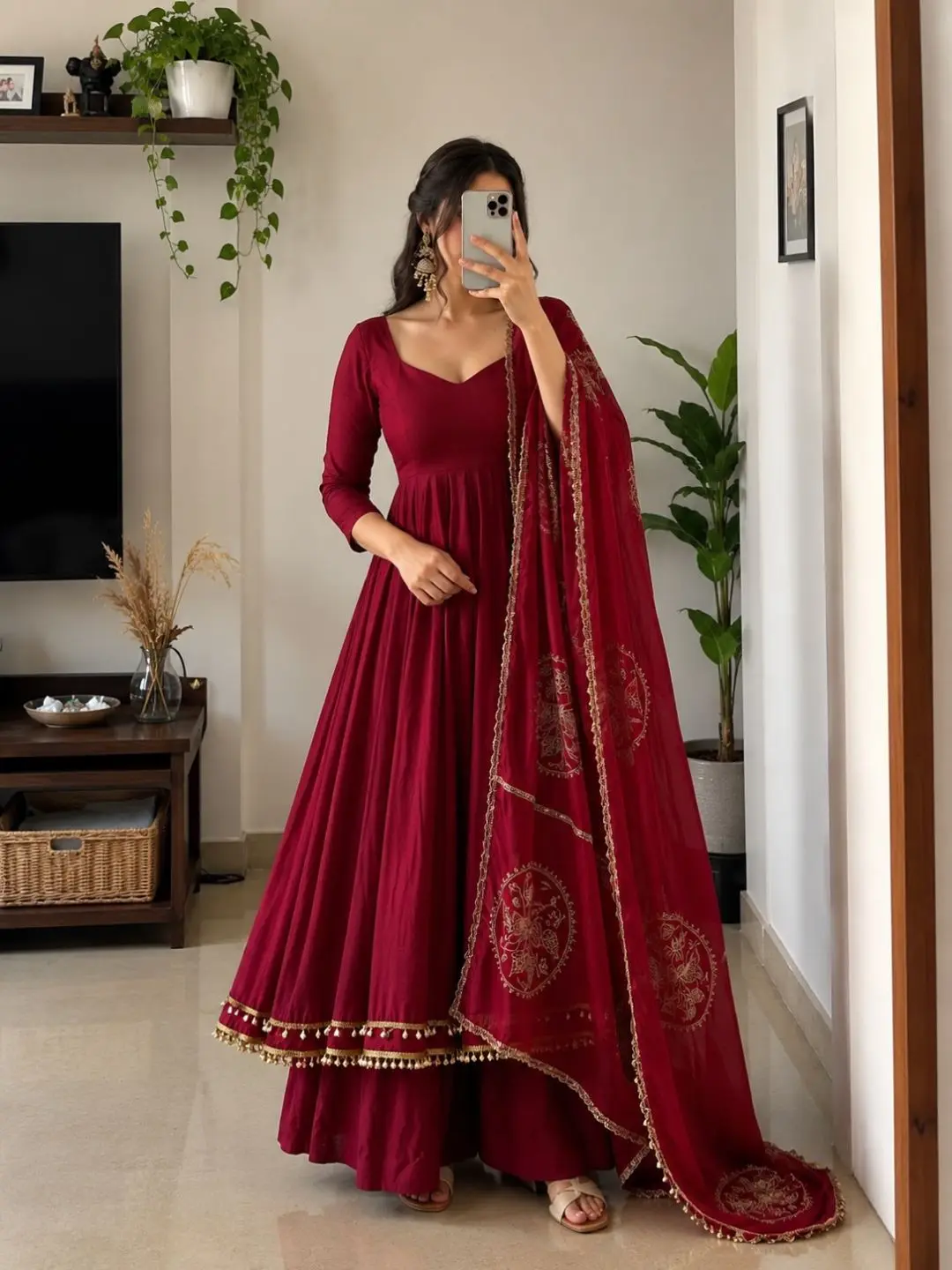 Regal Crimson Maroon Anarkali Suit Set with Embroidered Organza Dupatta