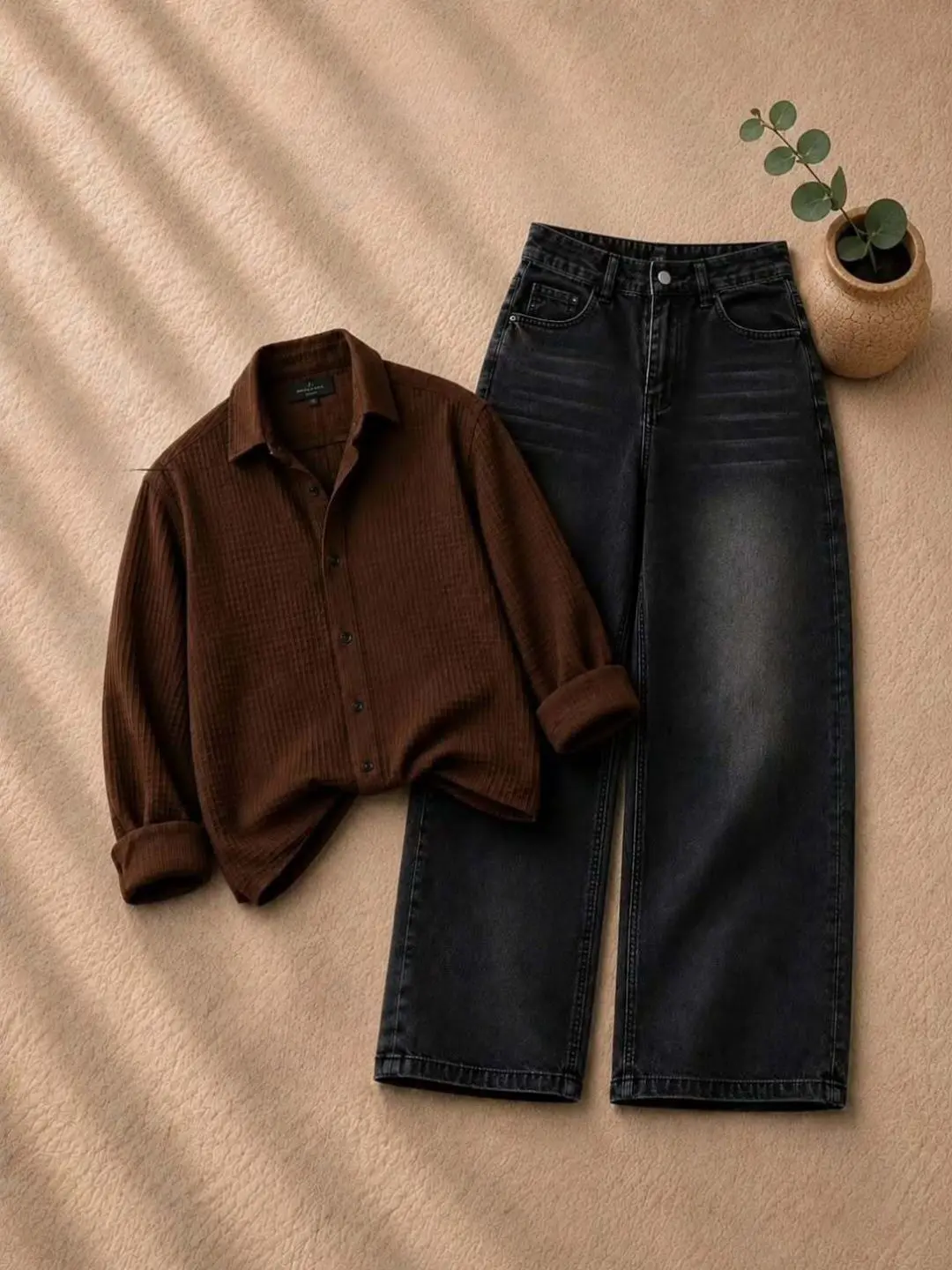 Earthy Tones Textured Brown Overshirt & Faded Black Denim Co-Ord