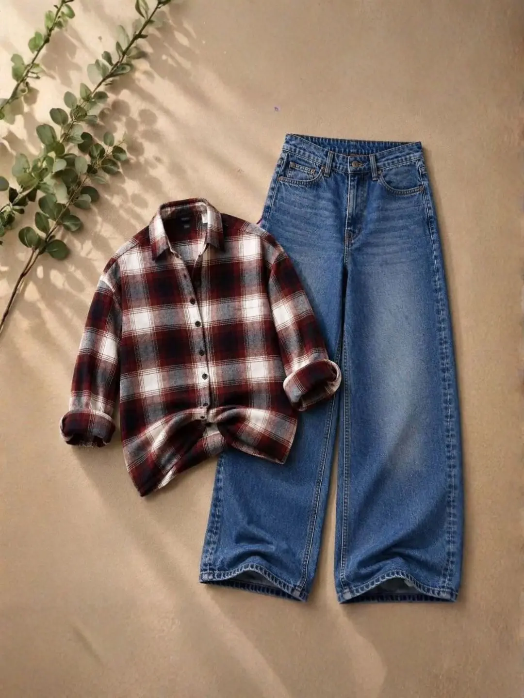 Casual Red Plaid Flannel Shirt & Wide-Leg Blue Denim Set