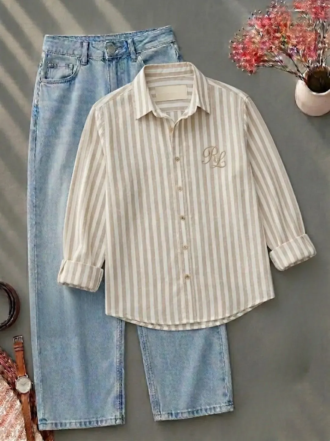 Long-Sleeve Vertical Striped Button-Down Shirt with Embroidered Chest Logo and Jeans Combo