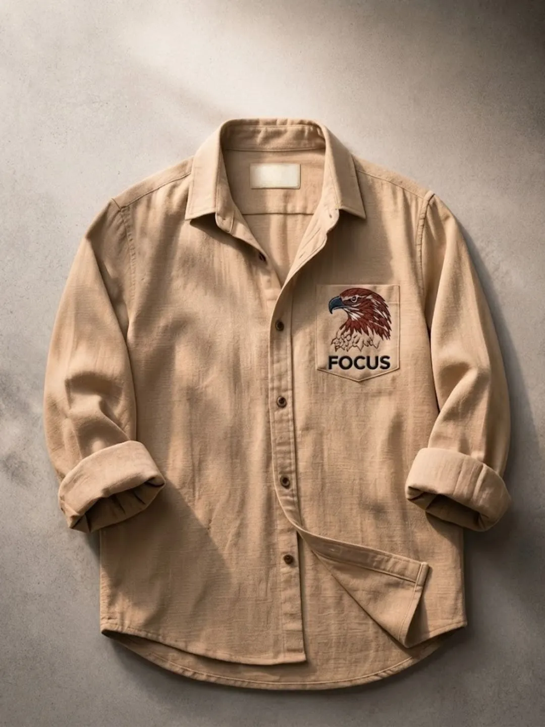 Men's Long-Sleeve Button-Down Shirt with Eagle Focus Chest Pocket Embroidery