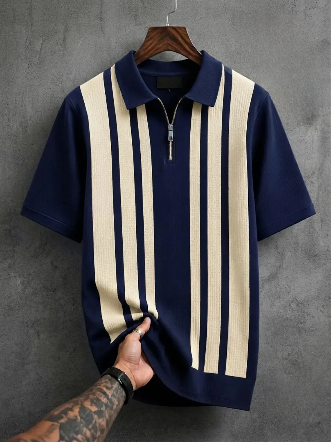 Retro Striped Half-Zip Knit Polo T-Shirt