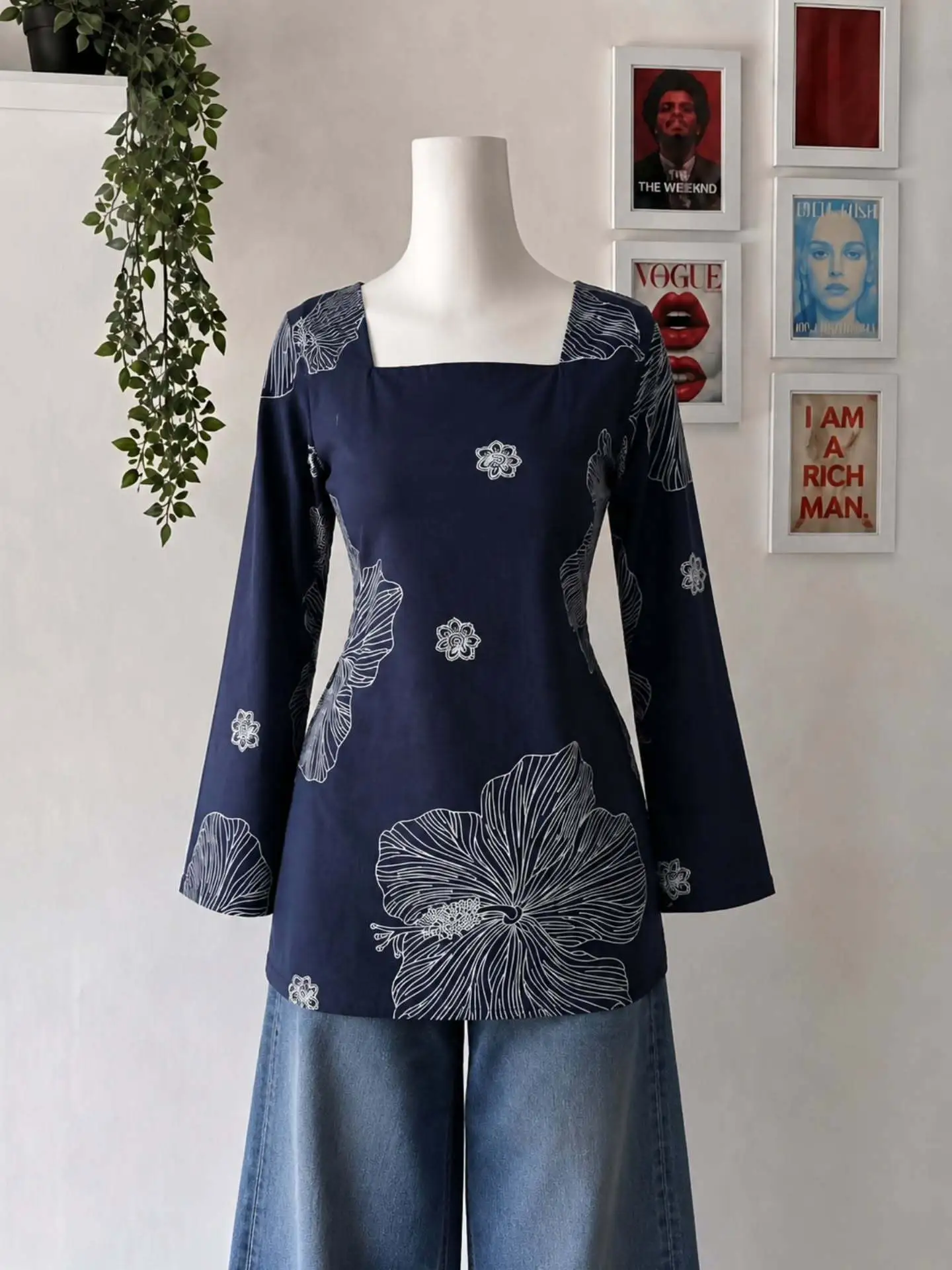 Navy Floral Square-Neck Tunic Top