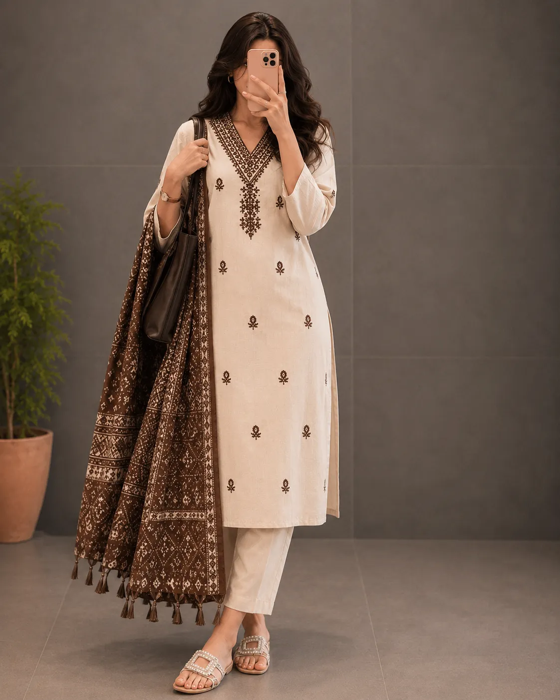 Elegant Beige & Brown Embroidered Kurta Set