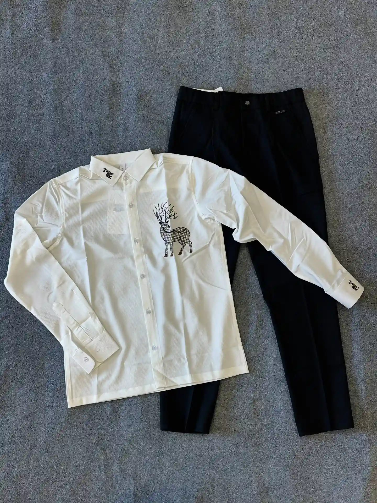 Sophisticated Monochrome Embroidered White Shirt & Black Trousers
