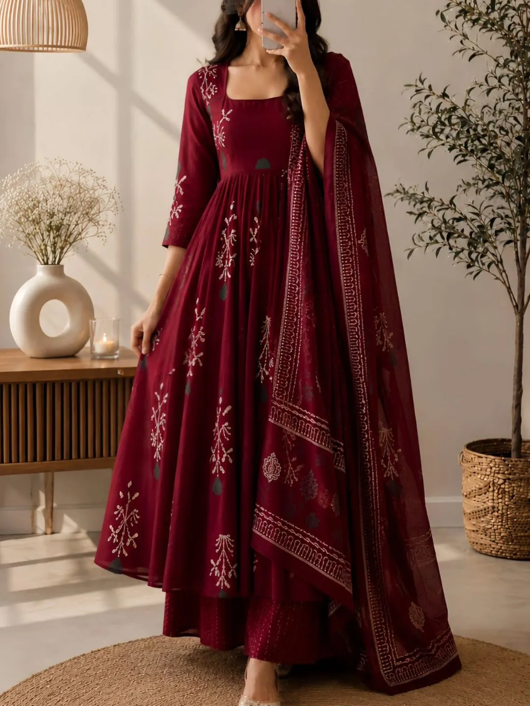 Women's Flared Anarkali Kurta with Palazzo Pants and Printed Dupatta Festive Set