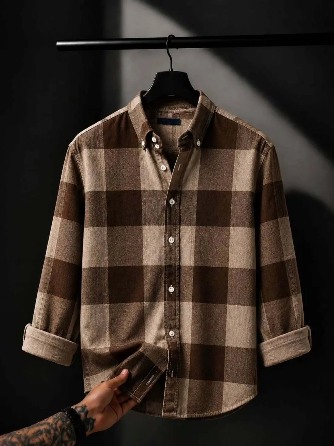 Men's Brown and Tan Patterned Check Plaid Full-Sleeve Casual Shirt