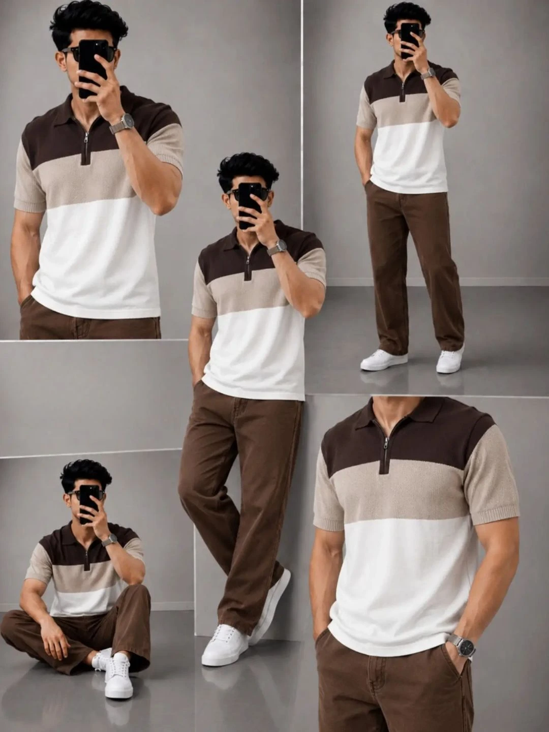 Men's Colorblock Half-Zip Knit Polo Shirt with Brown Trousers