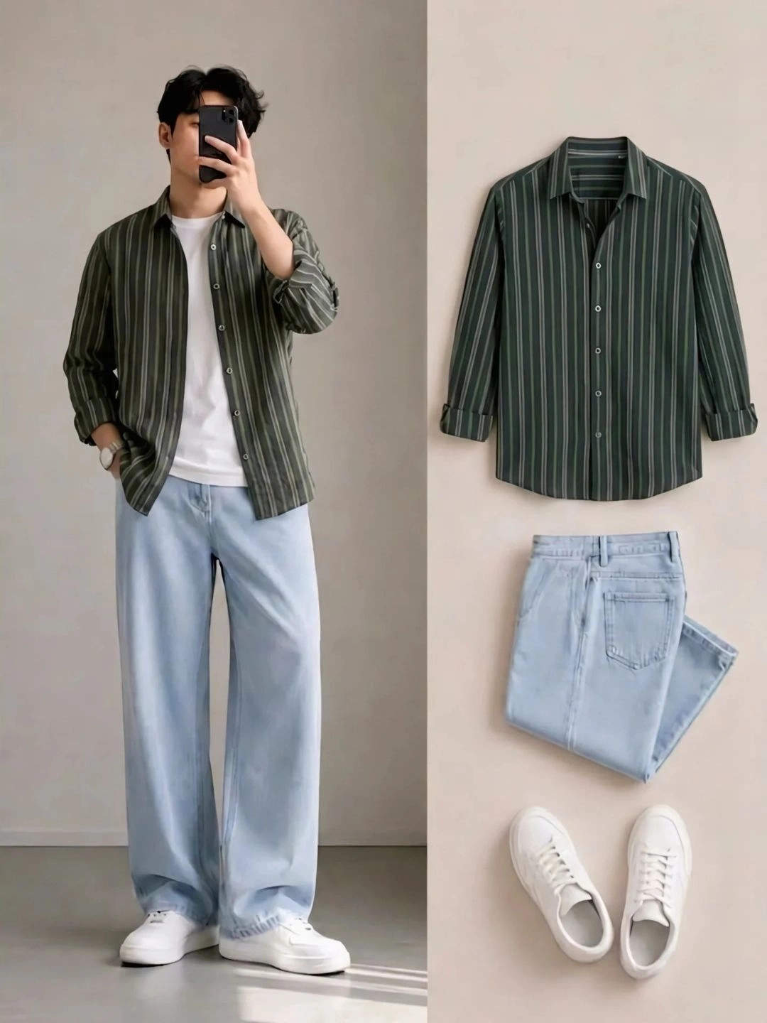 Men's Striped Long-Sleeve Shirt with White Tee and Light Jeans Combo