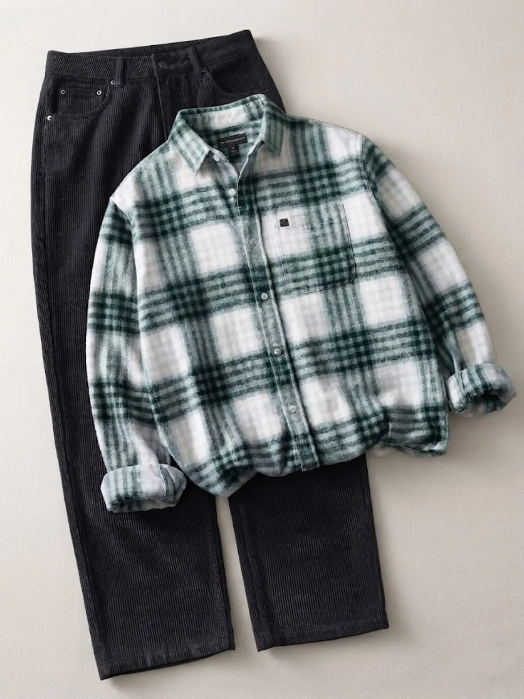 Men's Checked Flannel Long-Sleeve Shirt with Dark Corduroy Trousers Combo