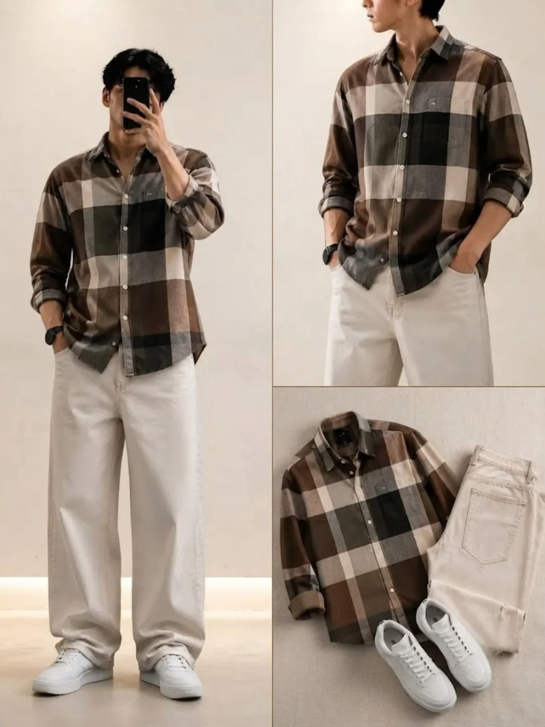 Men's Plaid Long-Sleeve Button-Down Shirt with Neutral Jeans
