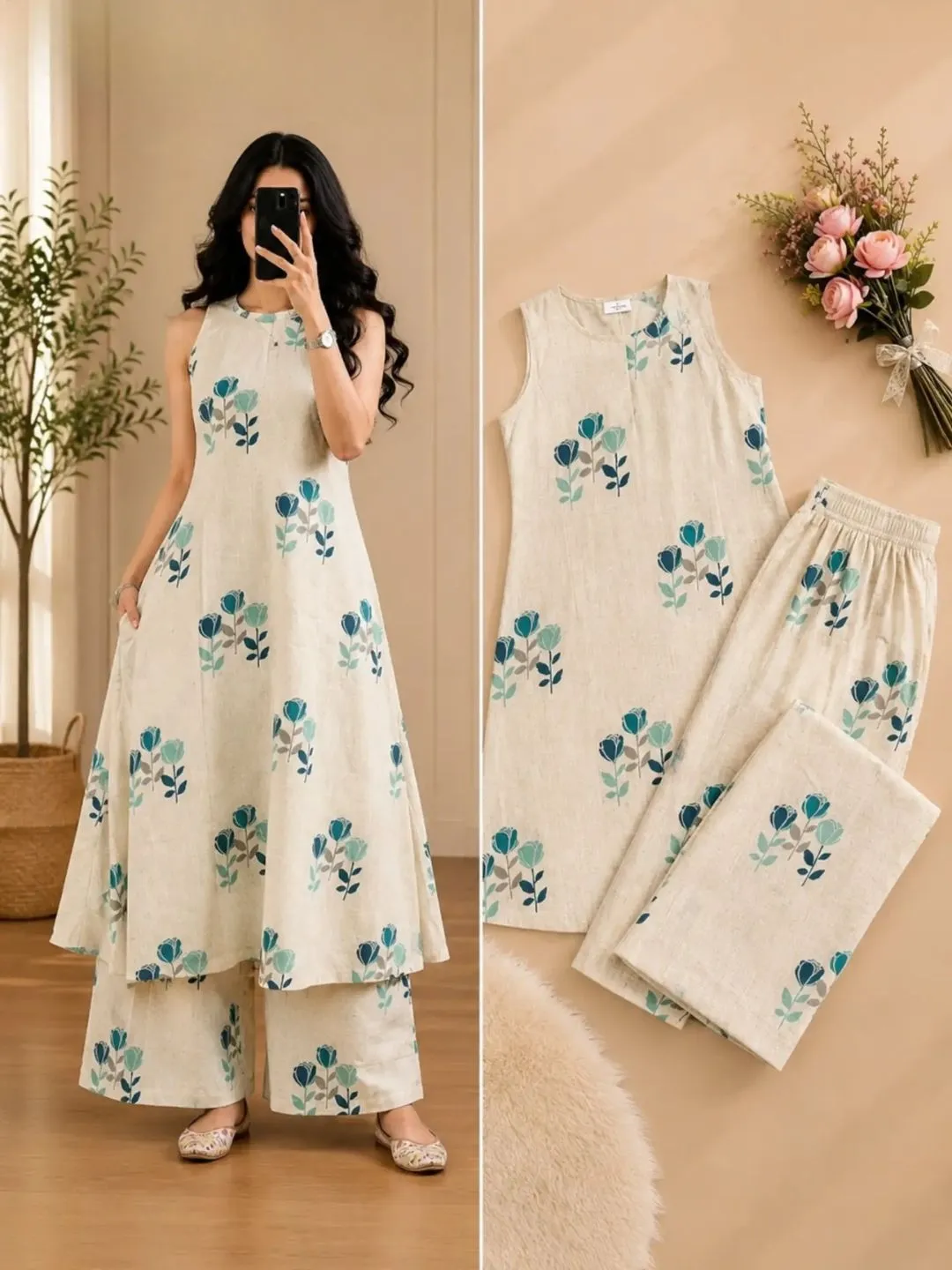 Women's Sleeveless A-Line Kurta with Matching Printed Palazzo Pants Co-Ord Set