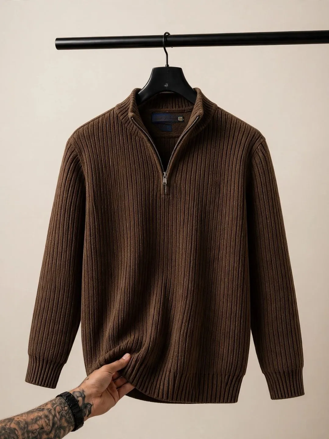Ribbed Zip-Up Knit Pullover
