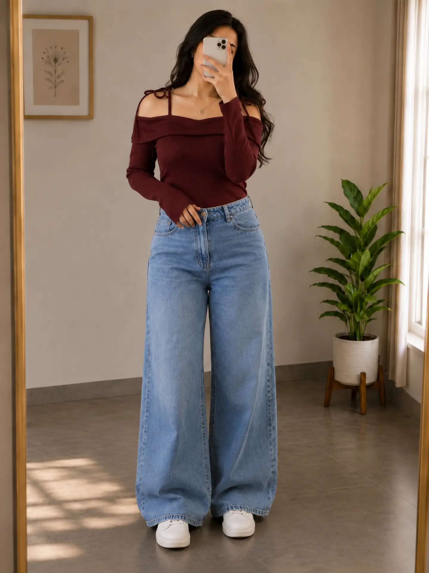 Deep Crimson Off-Shoulder Top & Palazzo-Style Jeans Ensemble