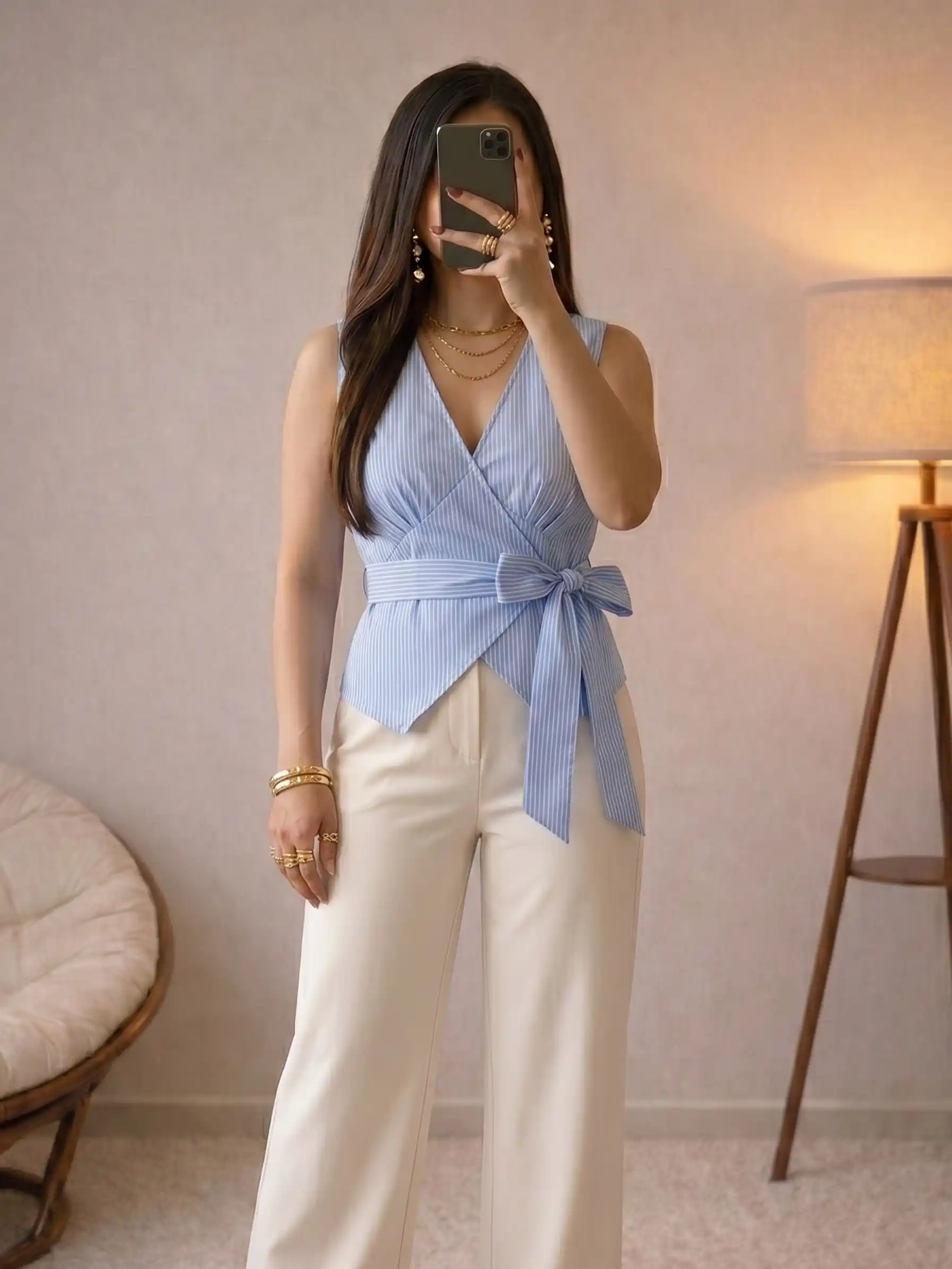 Chic Striped Wrap Top and Cream Trousers 2-Piece Set